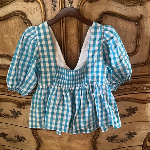Lilly Pulitzer Sarafina Short Sleeve Top Turquoise Oasis Crinkle Gingham - Picture 2 of 3
